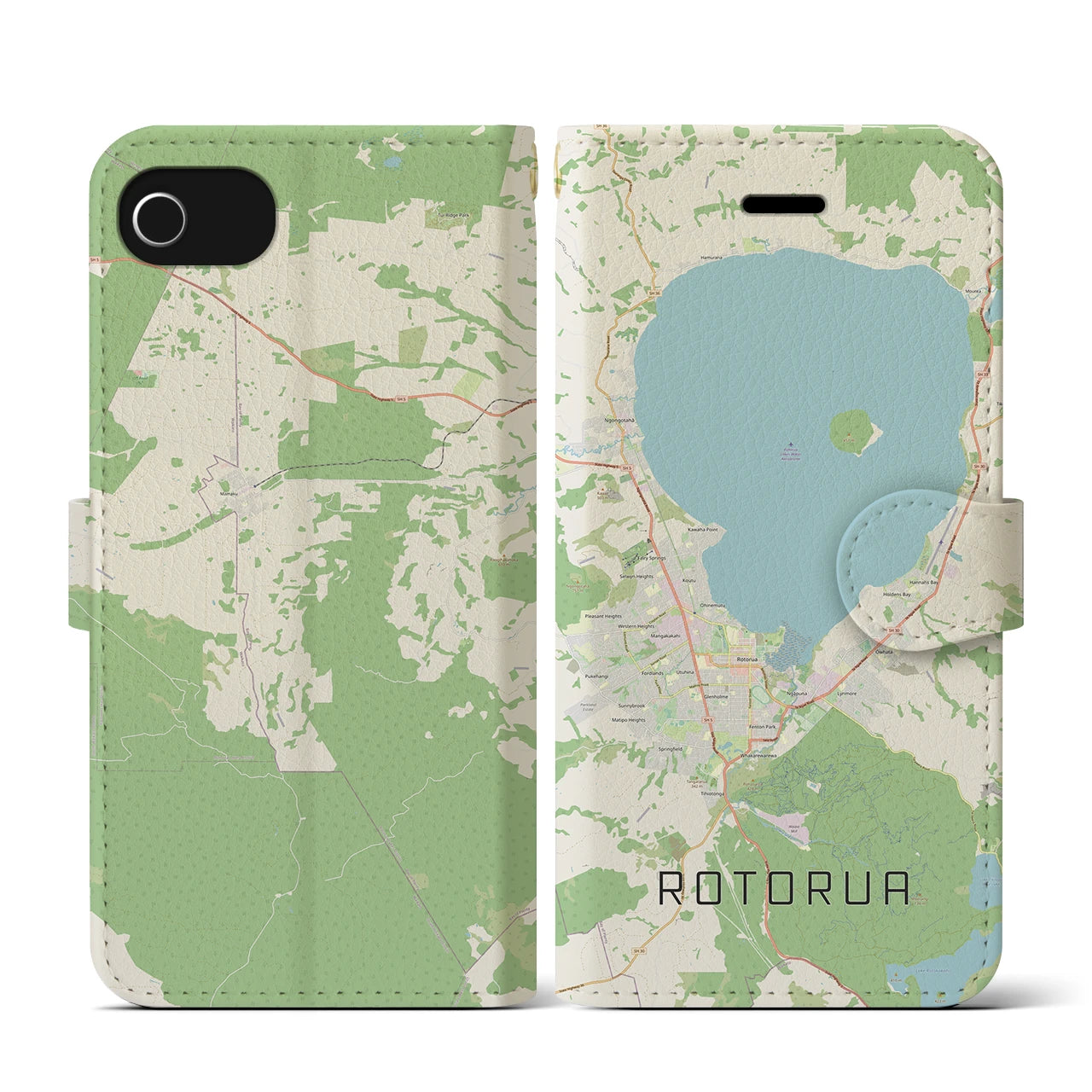【ロトルア(ニュージーランド)】地図柄iPhoneケース(手帳タイプ)ナチュラル・iPhone SE(第3 / 第2世代) / 8 / 7 / 6s / 6 用