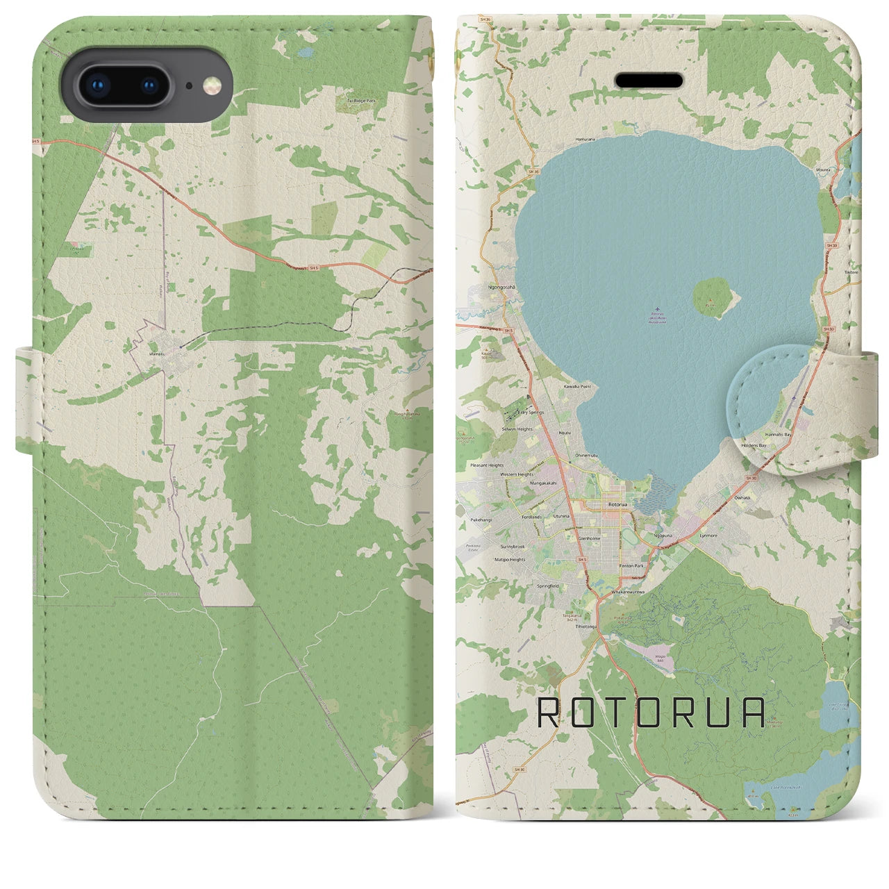 【ロトルア(ニュージーランド)】地図柄iPhoneケース(手帳タイプ)ナチュラル・iPhone 8Plus /7Plus / 6sPlus / 6Plus 用