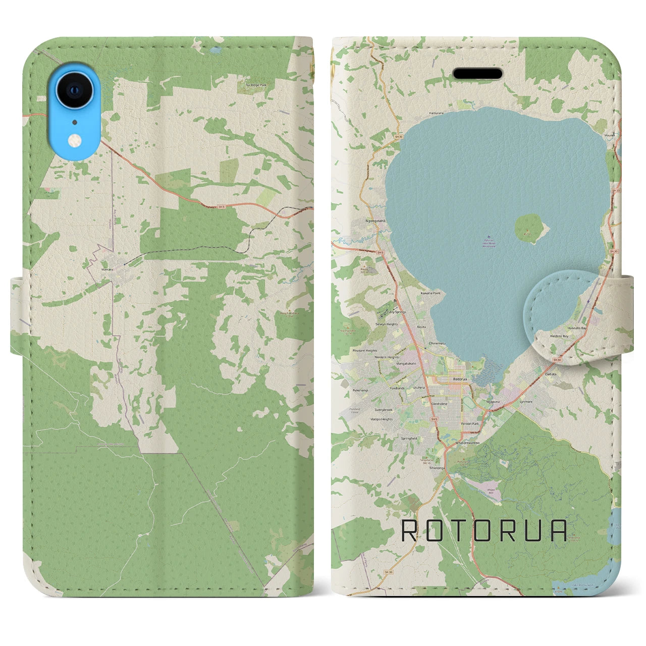 【ロトルア(ニュージーランド)】地図柄iPhoneケース(手帳タイプ)ナチュラル・iPhone XR 用