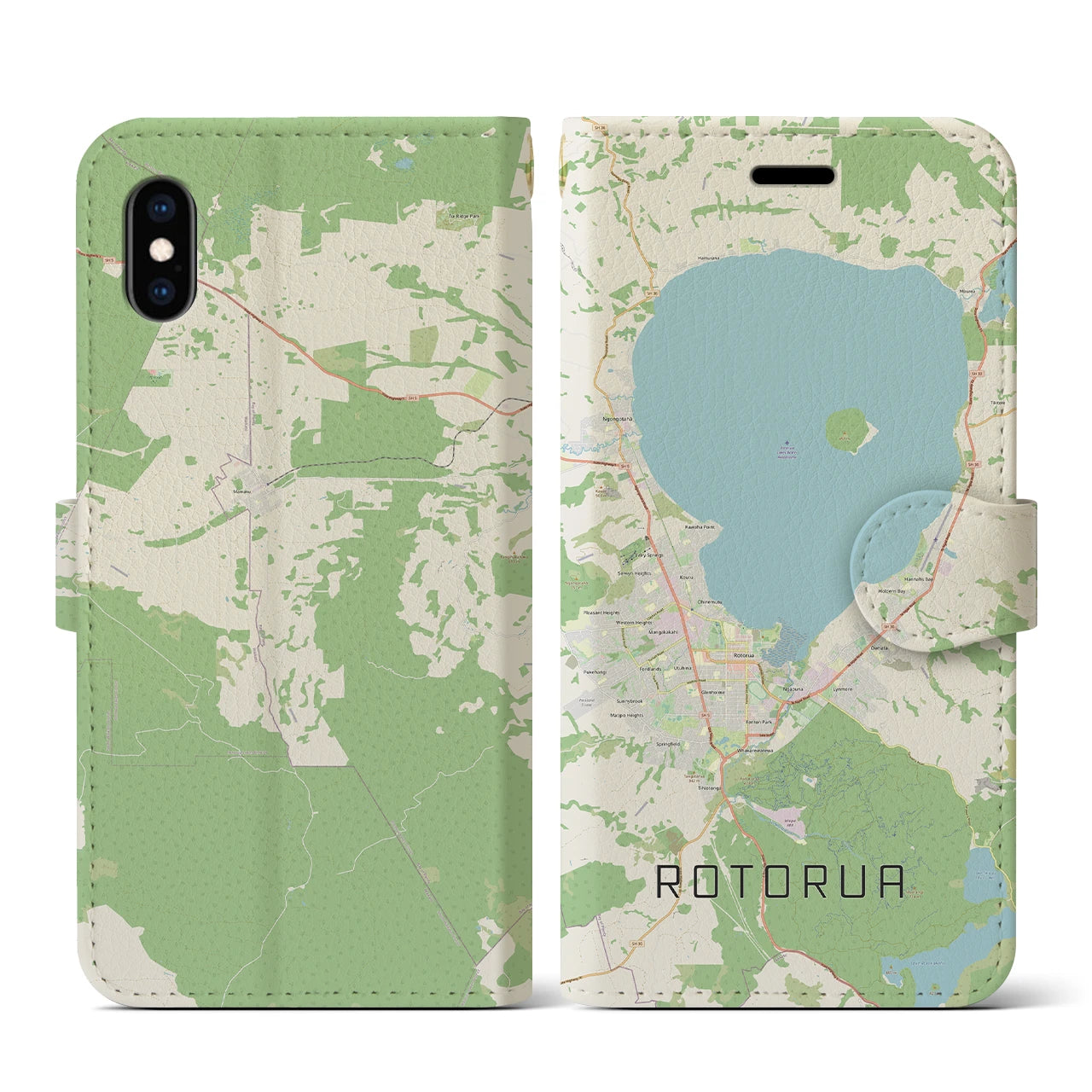 【ロトルア(ニュージーランド)】地図柄iPhoneケース(手帳タイプ)ナチュラル・iPhone XS / X 用