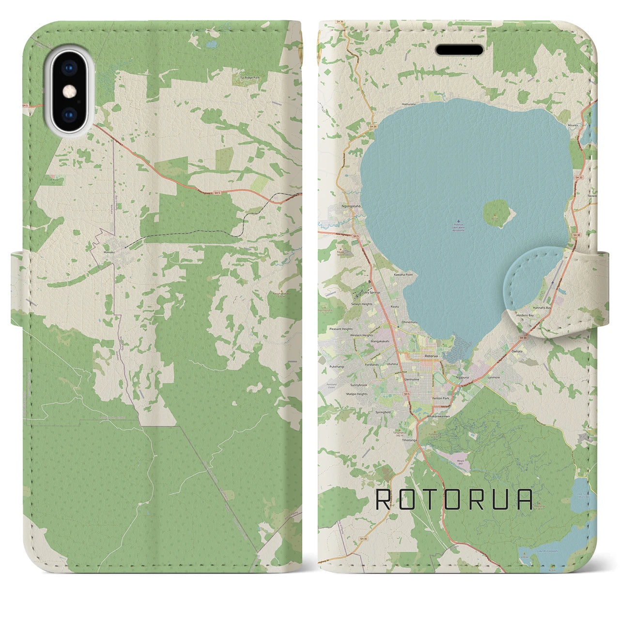 【ロトルア(ニュージーランド)】地図柄iPhoneケース(手帳タイプ)ナチュラル・iPhone XS Max 用