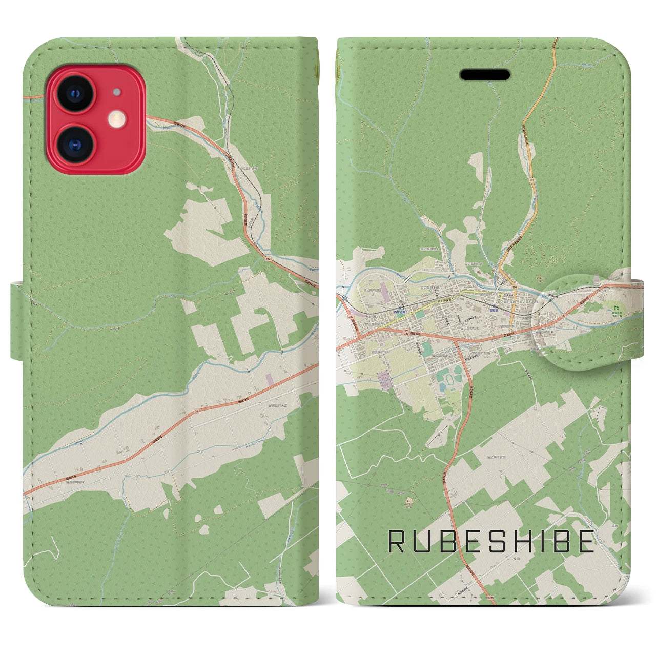 【留辺蘂(北海道)】地図柄iPhoneケース(手帳タイプ)ナチュラル・iPhone 11 用