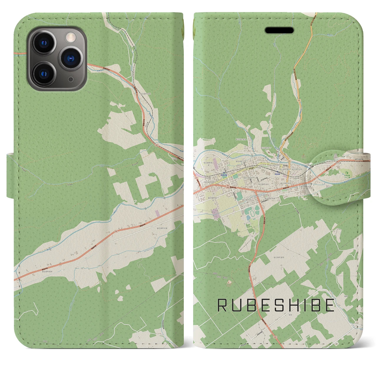 【留辺蘂(北海道)】地図柄iPhoneケース(手帳タイプ)ナチュラル・iPhone 11 Pro Max 用