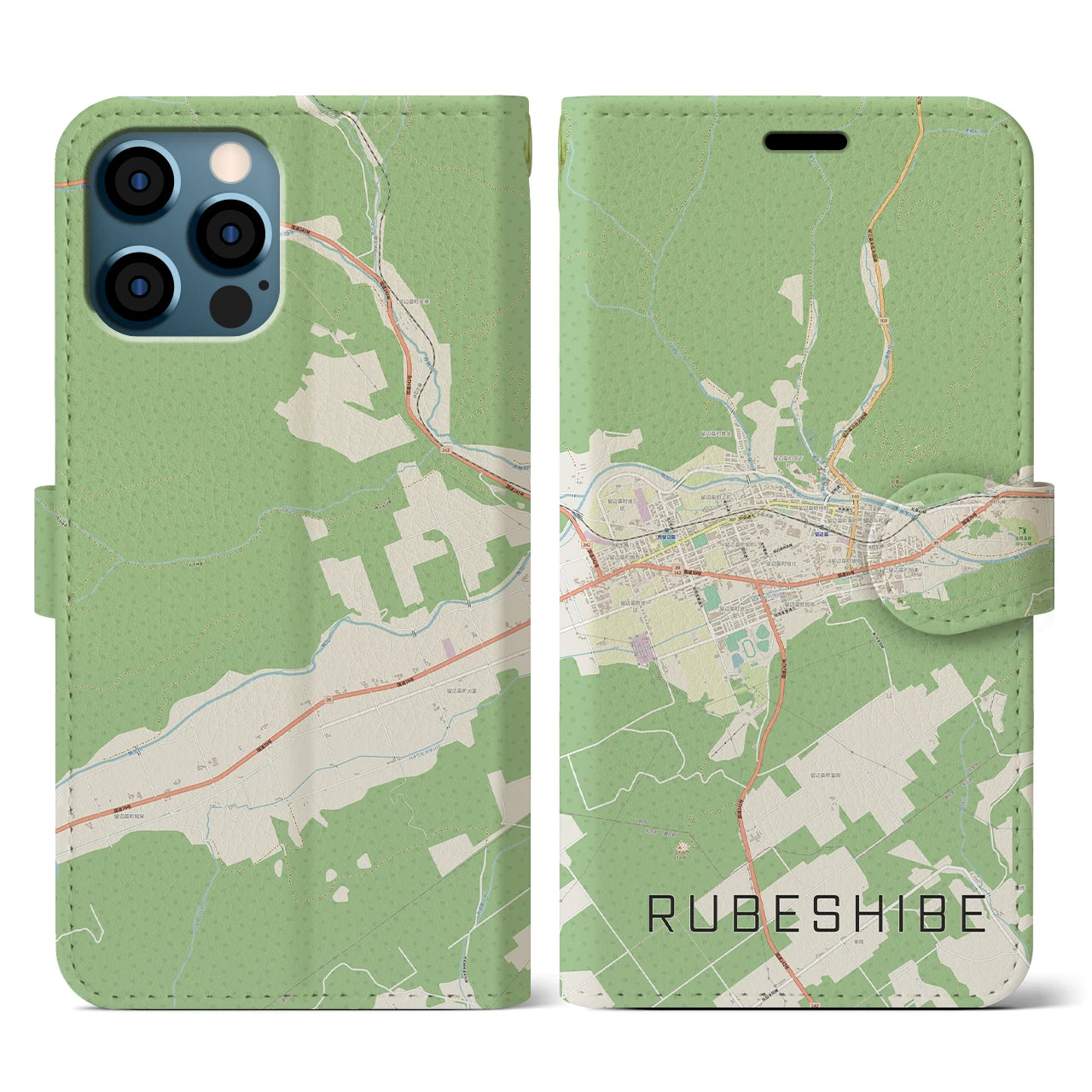 【留辺蘂(北海道)】地図柄iPhoneケース(手帳タイプ)ナチュラル・iPhone 12 / 12 Pro 用