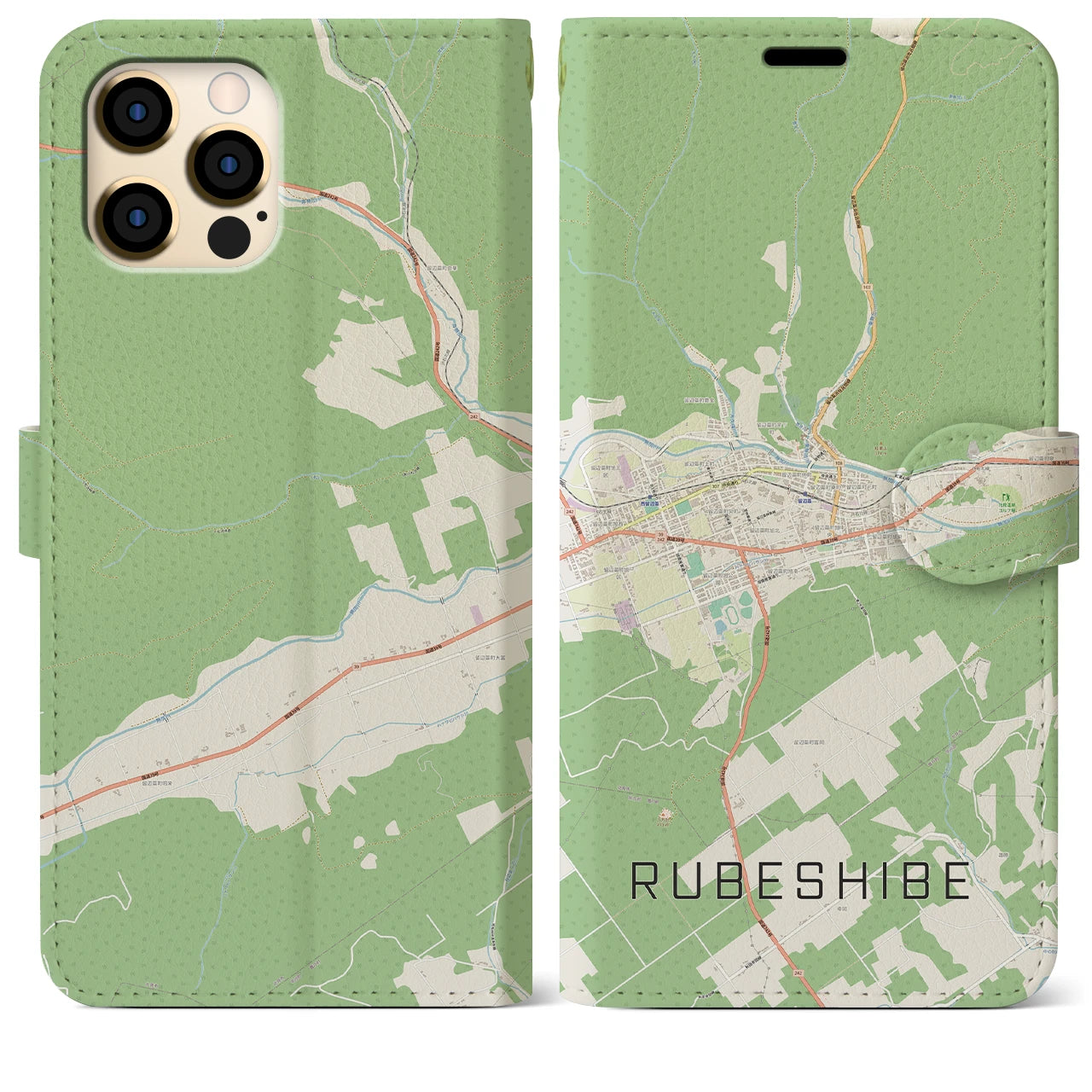 【留辺蘂(北海道)】地図柄iPhoneケース(手帳タイプ)ナチュラル・iPhone 12 Pro Max 用