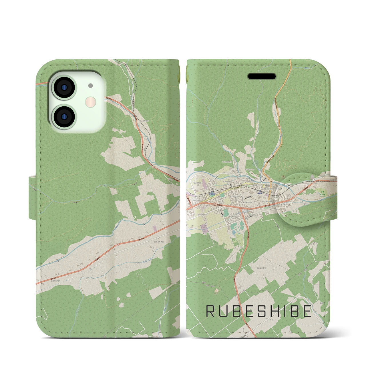 【留辺蘂(北海道)】地図柄iPhoneケース(手帳タイプ)ナチュラル・iPhone 12 mini 用