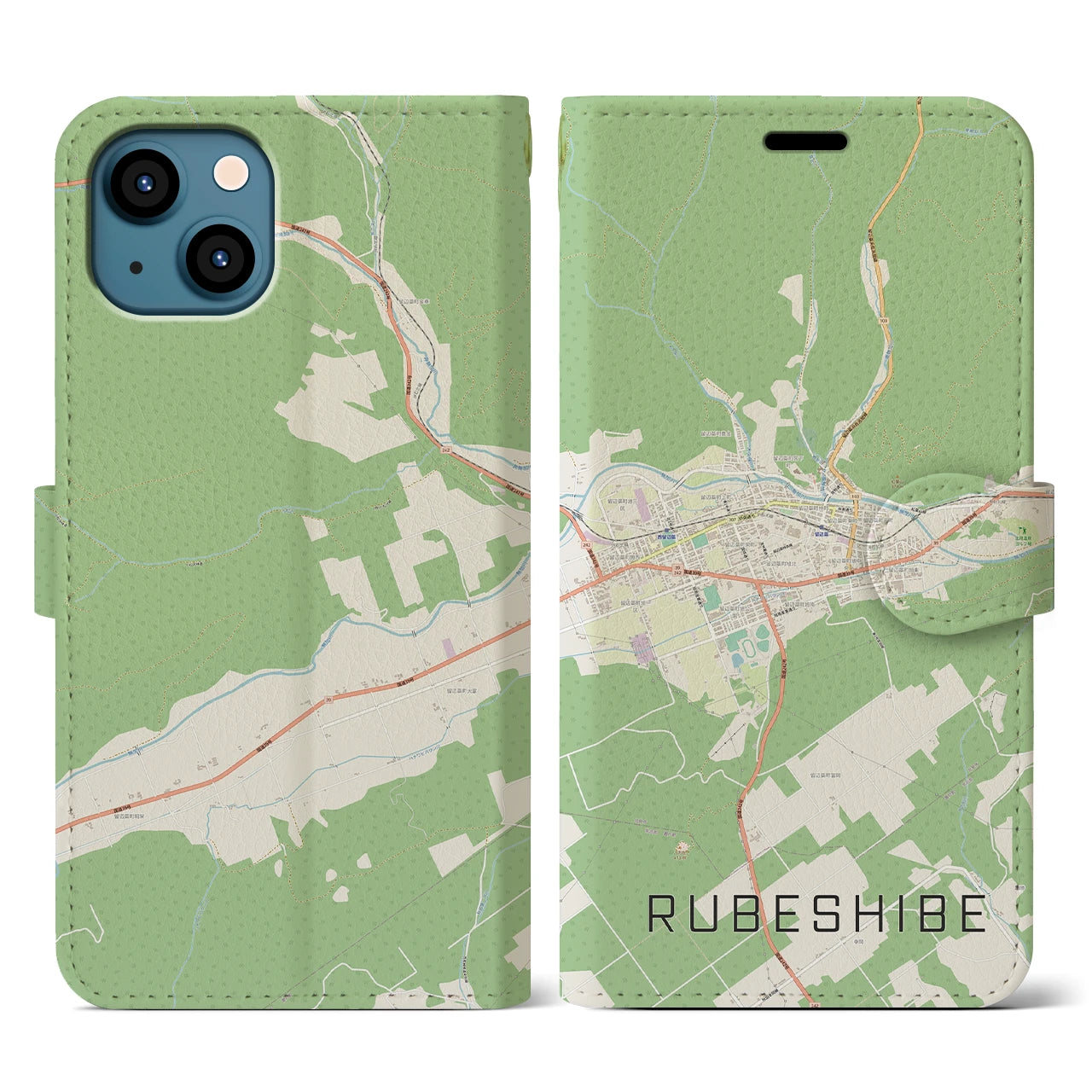 【留辺蘂(北海道)】地図柄iPhoneケース(手帳タイプ)ナチュラル・iPhone 13 用