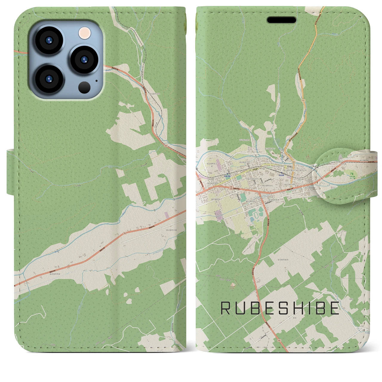 【留辺蘂(北海道)】地図柄iPhoneケース(手帳タイプ)ナチュラル・iPhone 13 Pro Max 用
