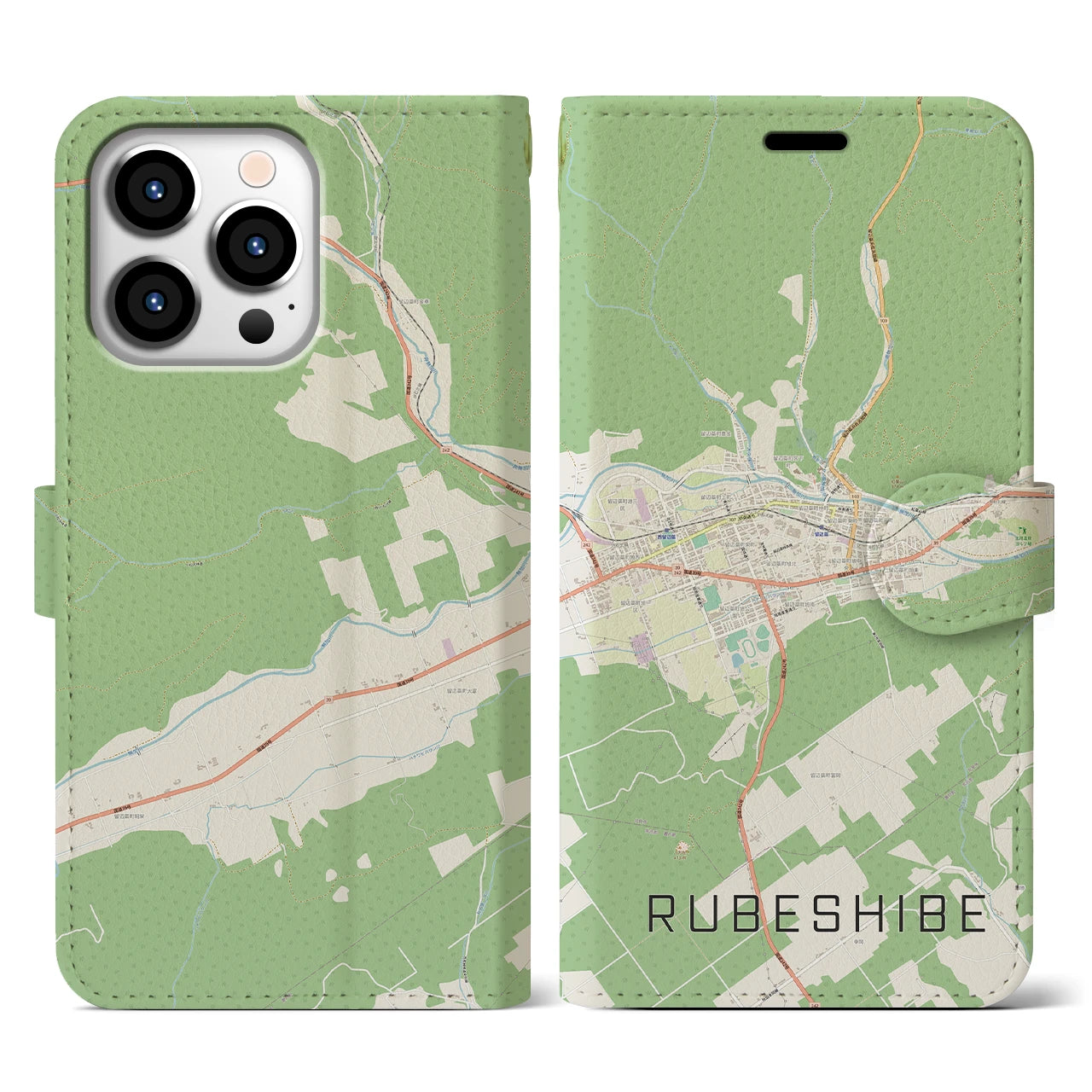 【留辺蘂(北海道)】地図柄iPhoneケース(手帳タイプ)ナチュラル・iPhone 13 Pro 用