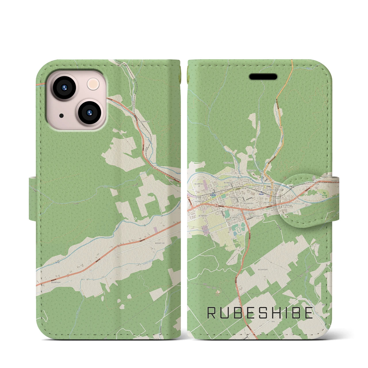 【留辺蘂(北海道)】地図柄iPhoneケース(手帳タイプ)ナチュラル・iPhone 13 mini 用