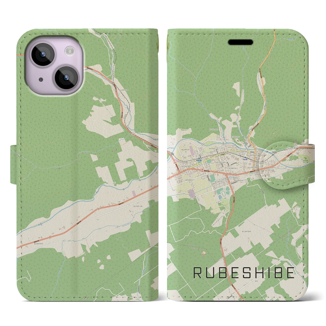 【留辺蘂(北海道)】地図柄iPhoneケース(手帳タイプ)ナチュラル・iPhone 14 用