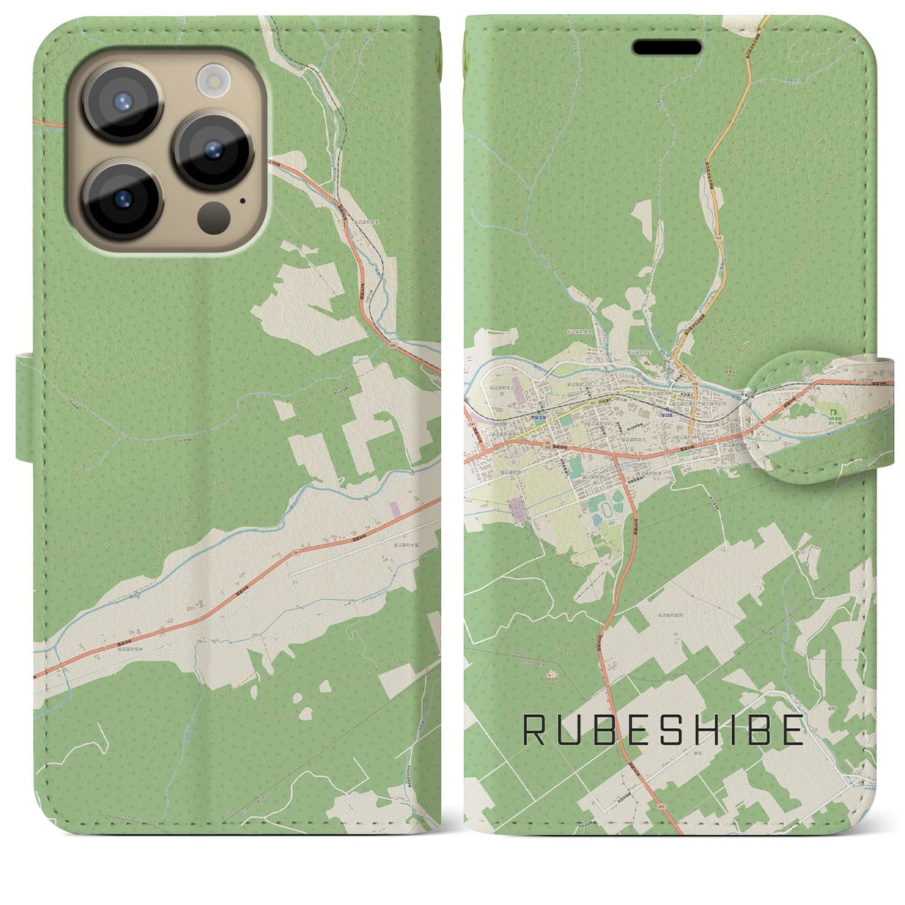 【留辺蘂(北海道)】地図柄iPhoneケース(手帳タイプ)ナチュラル・iPhone 14 Pro Max 用