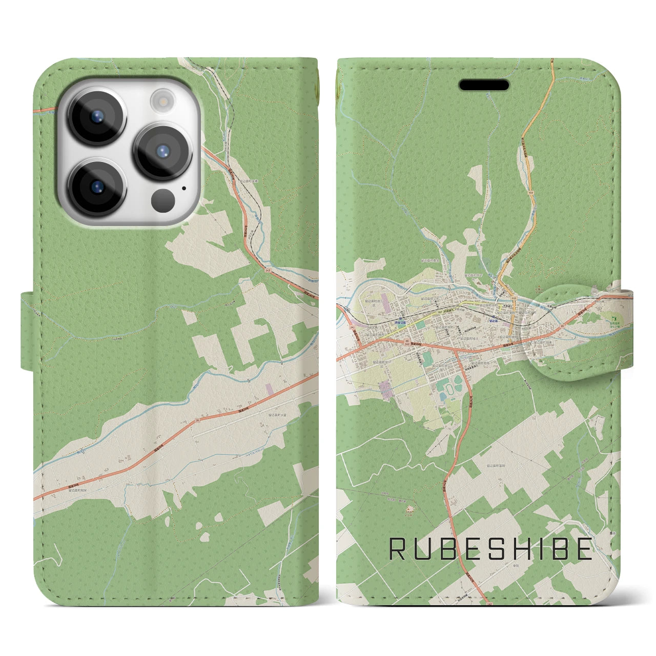 【留辺蘂(北海道)】地図柄iPhoneケース(手帳タイプ)ナチュラル・iPhone 14 Pro 用