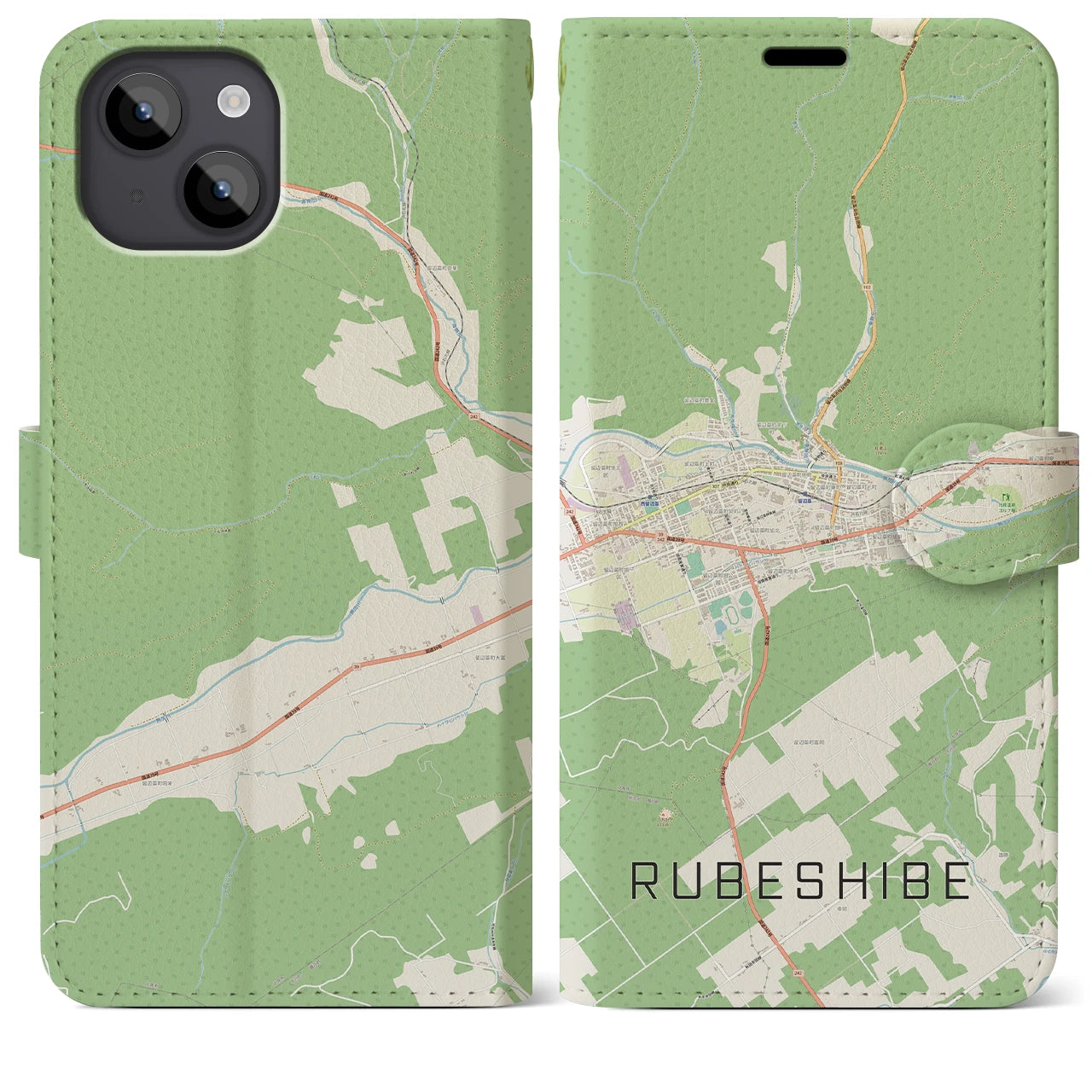 【留辺蘂(北海道)】地図柄iPhoneケース(手帳タイプ)ナチュラル・iPhone 14 Plus 用
