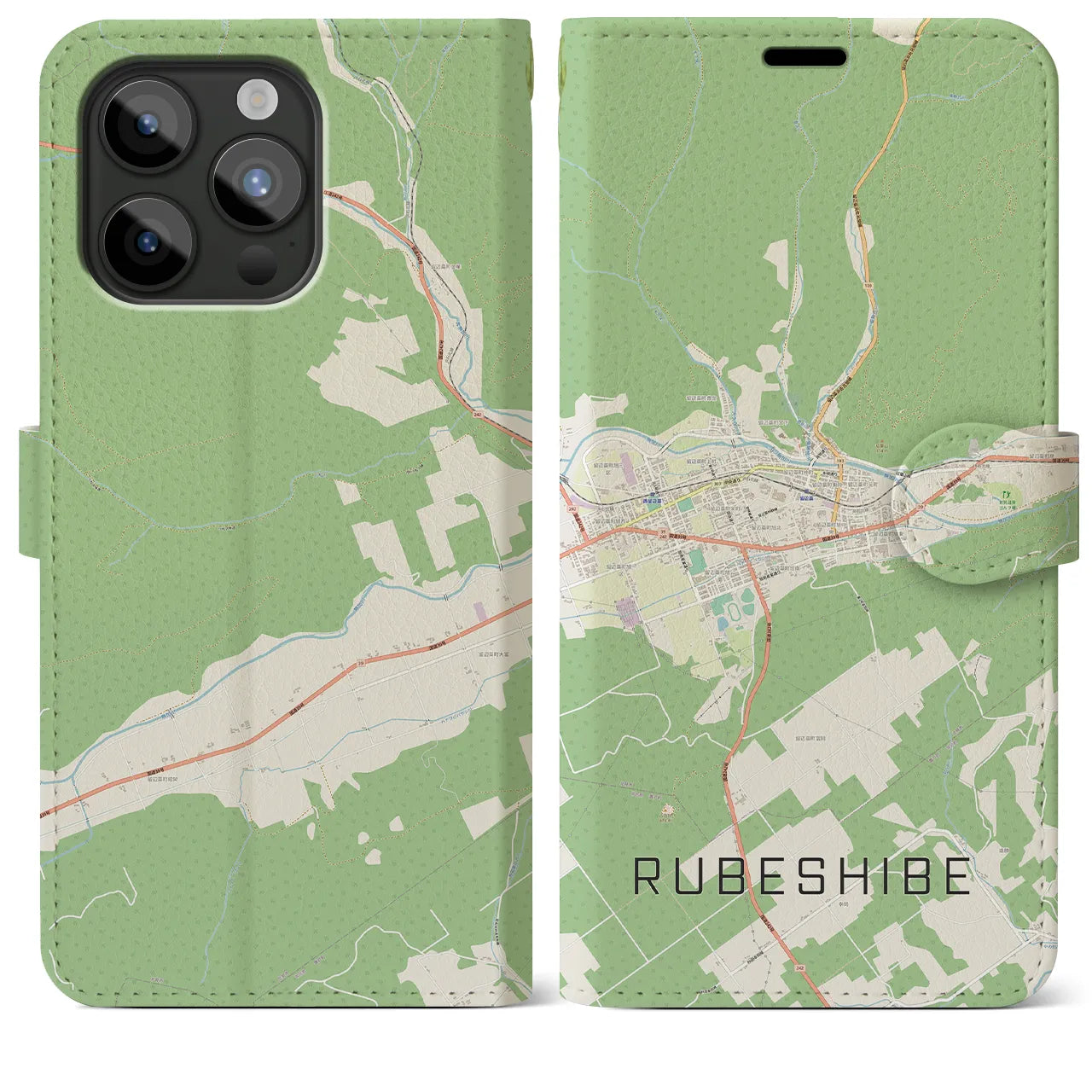 【留辺蘂(北海道)】地図柄iPhoneケース(手帳タイプ)ナチュラル・iPhone 15 Pro Max 用