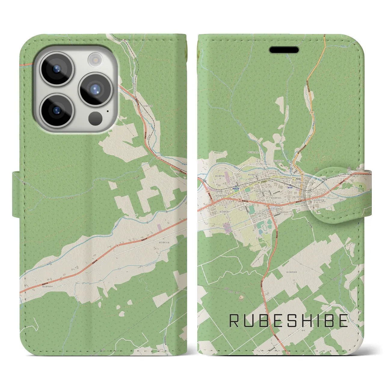 【留辺蘂(北海道)】地図柄iPhoneケース(手帳タイプ)ナチュラル・iPhone 15 Pro 用