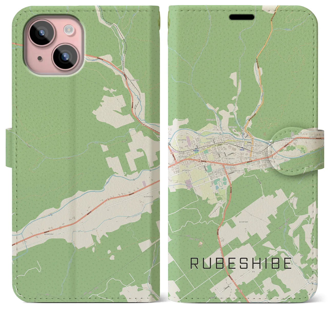 【留辺蘂(北海道)】地図柄iPhoneケース(手帳タイプ)ナチュラル・iPhone 15 Plus 用