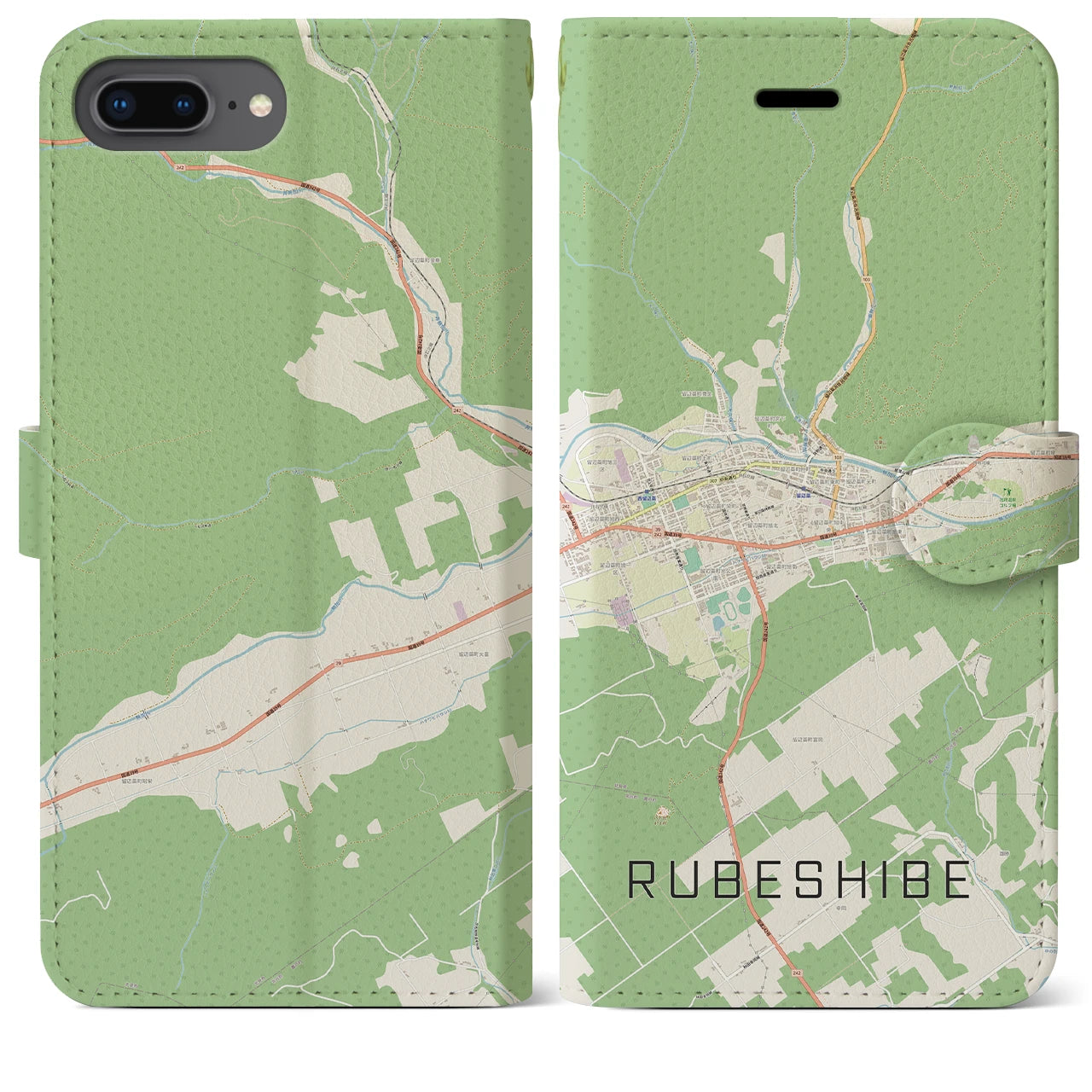 【留辺蘂(北海道)】地図柄iPhoneケース(手帳タイプ)ナチュラル・iPhone 8Plus /7Plus / 6sPlus / 6Plus 用