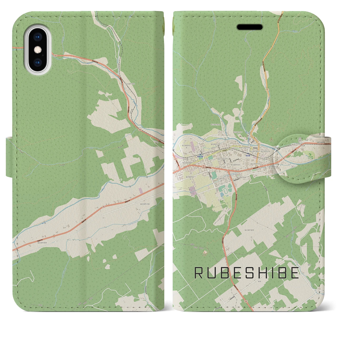 【留辺蘂(北海道)】地図柄iPhoneケース(手帳タイプ)ナチュラル・iPhone XS Max 用