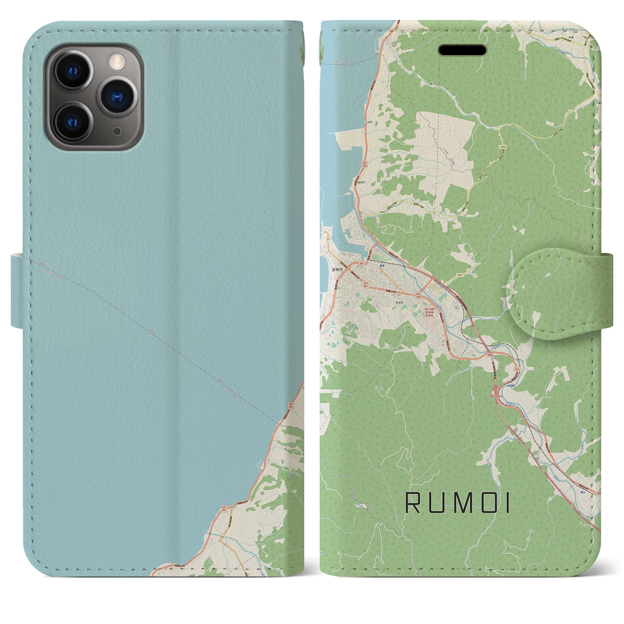 【留萌(北海道)】地図柄iPhoneケース(手帳タイプ)ナチュラル・iPhone 11 Pro Max 用