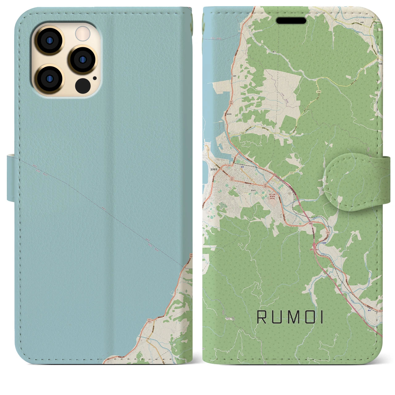 【留萌(北海道)】地図柄iPhoneケース(手帳タイプ)ナチュラル・iPhone 12 Pro Max 用