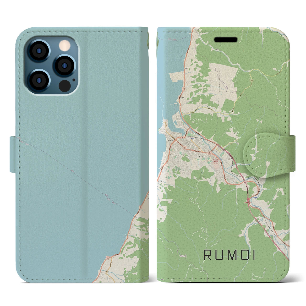 【留萌(北海道)】地図柄iPhoneケース(手帳タイプ)ナチュラル・iPhone 12 / 12 Pro 用
