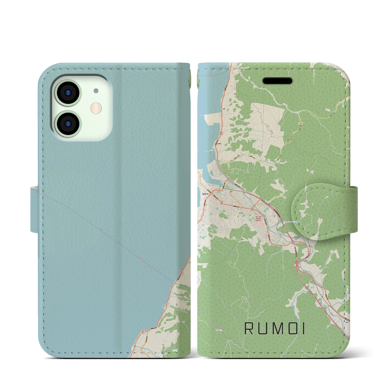 【留萌(北海道)】地図柄iPhoneケース(手帳タイプ)ナチュラル・iPhone 12 mini 用