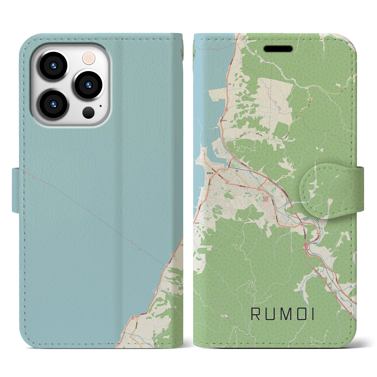 【留萌(北海道)】地図柄iPhoneケース(手帳タイプ)ナチュラル・iPhone 13 Pro 用