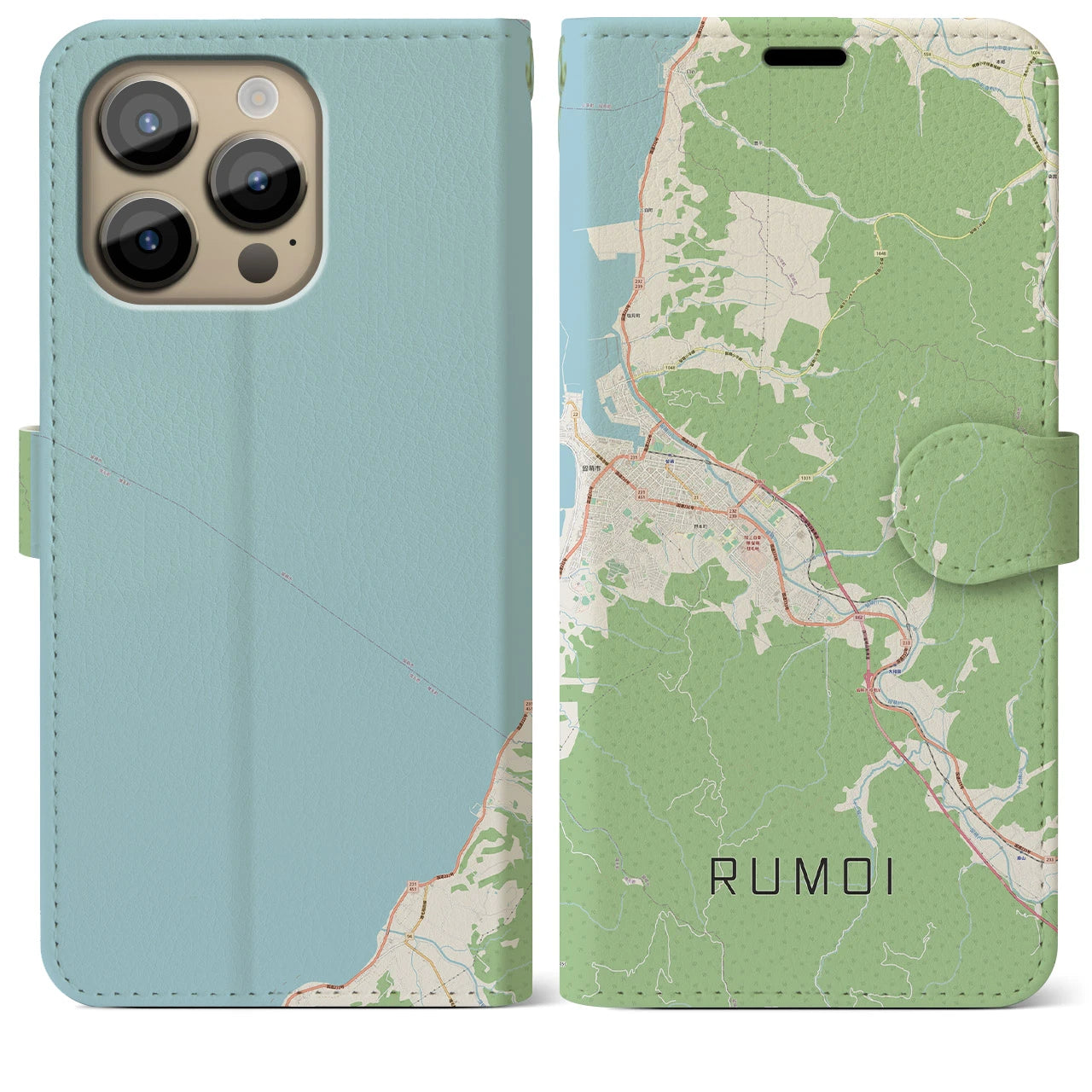 【留萌(北海道)】地図柄iPhoneケース(手帳タイプ)ナチュラル・iPhone 14 Pro Max 用