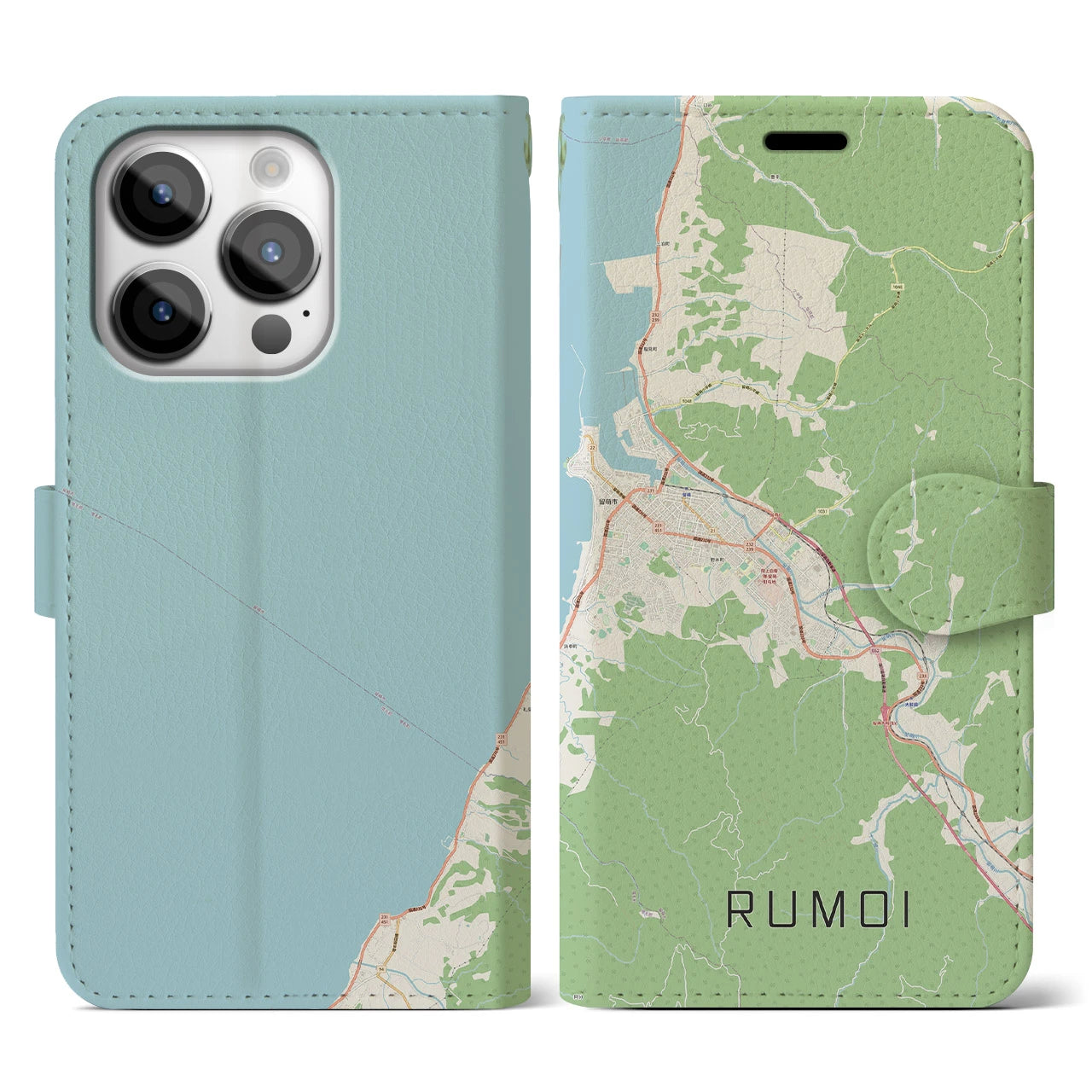 【留萌(北海道)】地図柄iPhoneケース(手帳タイプ)ナチュラル・iPhone 14 Pro 用