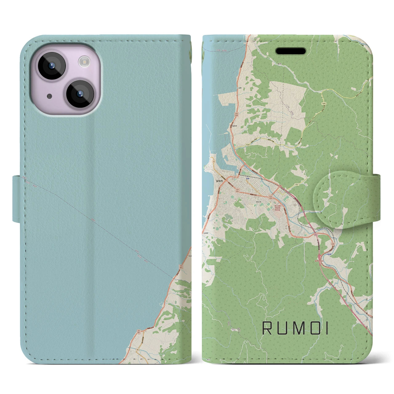 【留萌(北海道)】地図柄iPhoneケース(手帳タイプ)ナチュラル・iPhone 14 用