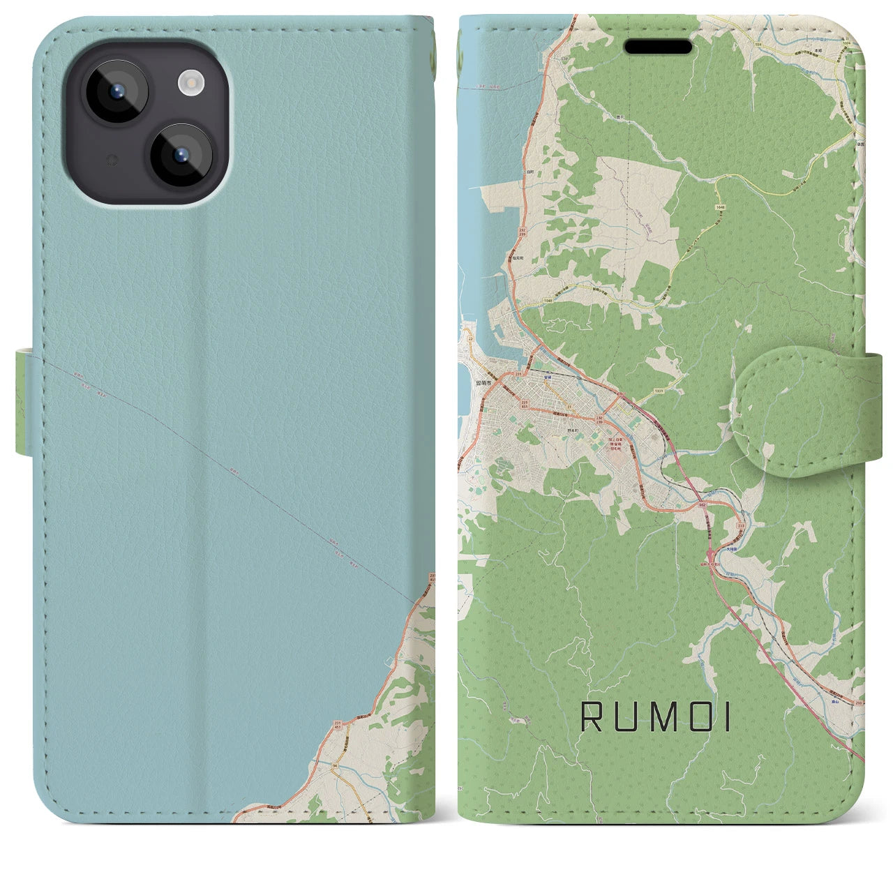 【留萌(北海道)】地図柄iPhoneケース(手帳タイプ)ナチュラル・iPhone 14 Plus 用