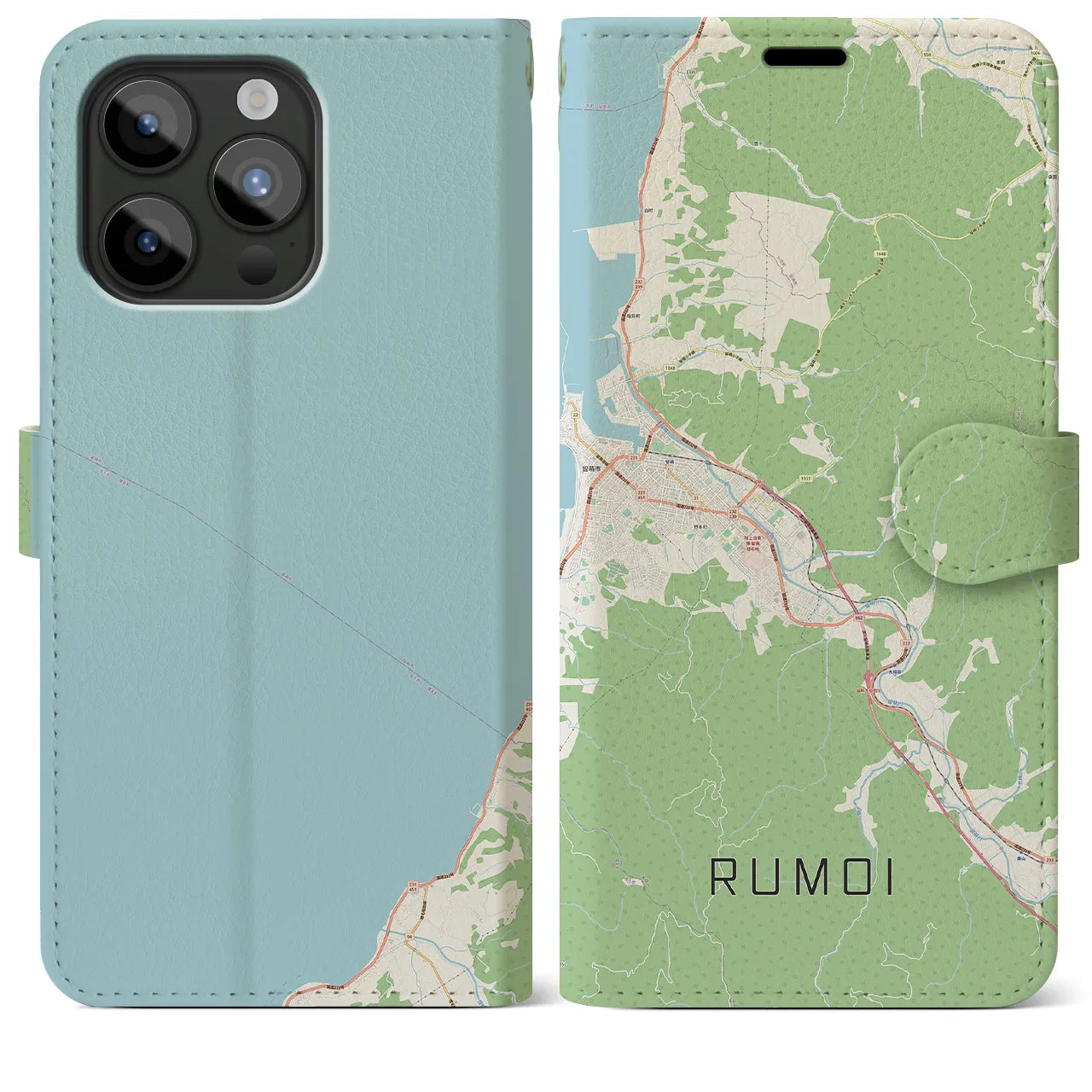【留萌(北海道)】地図柄iPhoneケース(手帳タイプ)ナチュラル・iPhone 15 Pro Max 用