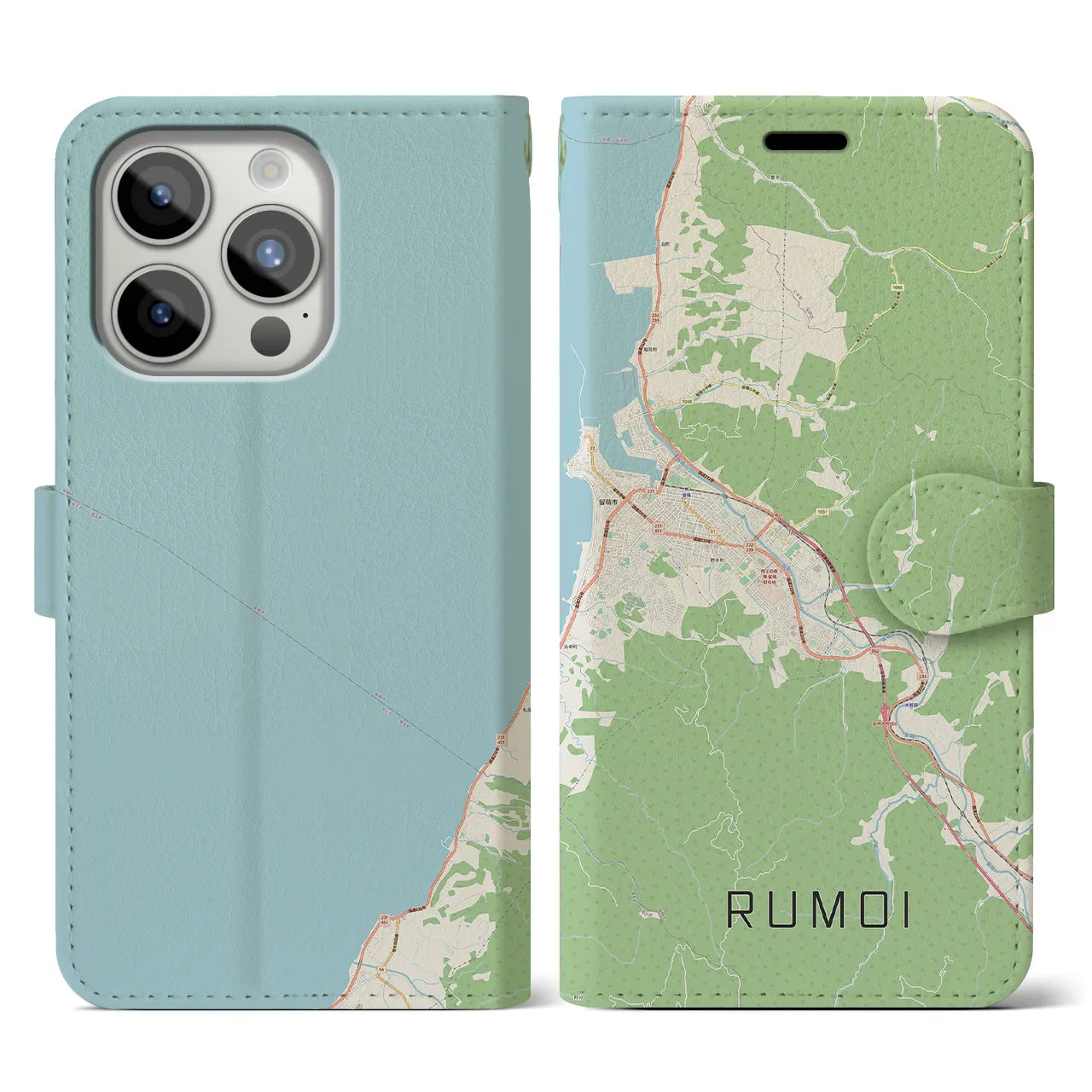 【留萌(北海道)】地図柄iPhoneケース(手帳タイプ)ナチュラル・iPhone 15 Pro 用