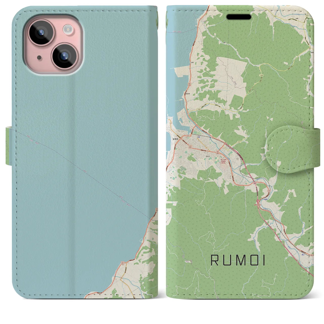 【留萌(北海道)】地図柄iPhoneケース(手帳タイプ)ナチュラル・iPhone 15 Plus 用