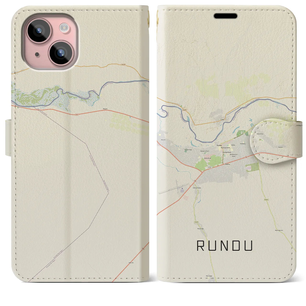 【ルンドゥ(ナミビア)】地図柄iPhoneケース(手帳タイプ)ナチュラル・iPhone 15 Plus 用
