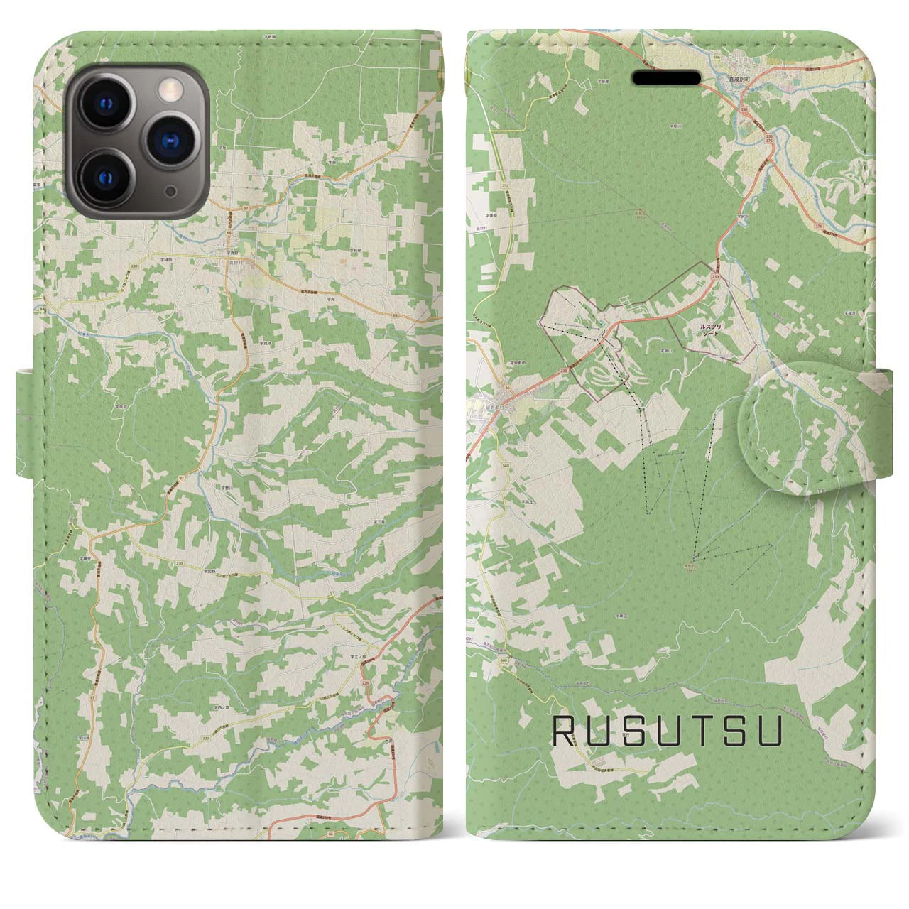 【留寿都(北海道)】地図柄iPhoneケース(手帳タイプ)ナチュラル・iPhone 11 Pro Max 用