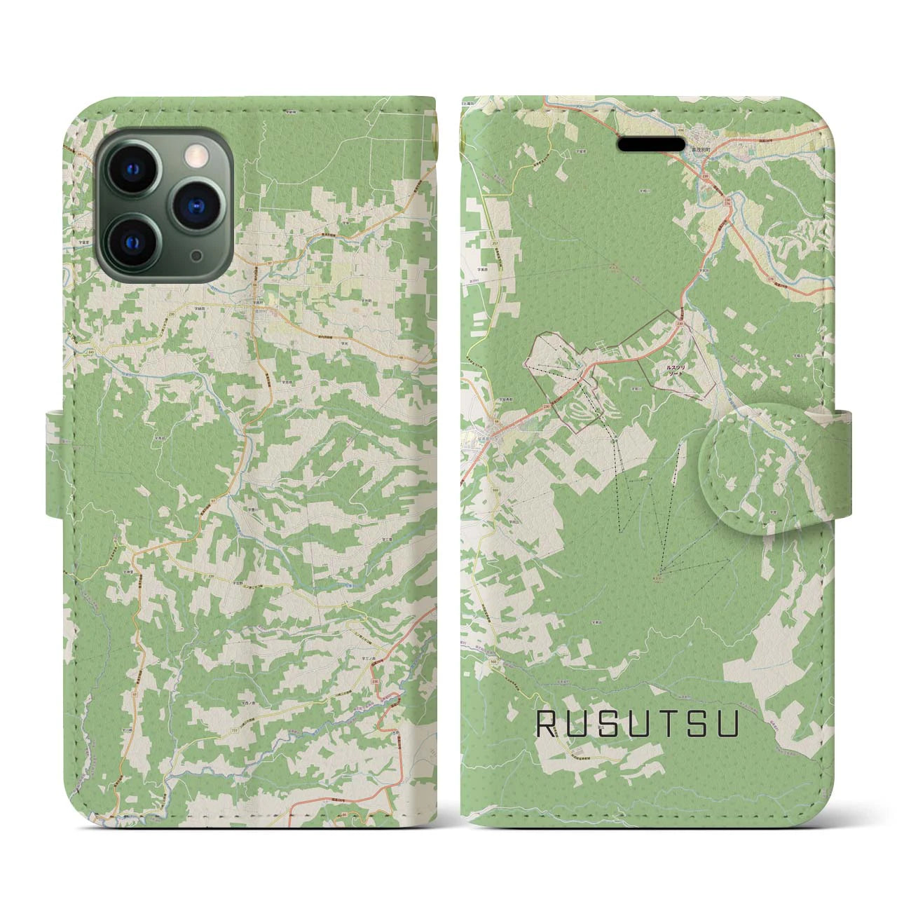 【留寿都(北海道)】地図柄iPhoneケース(手帳タイプ)ナチュラル・iPhone 11 Pro 用