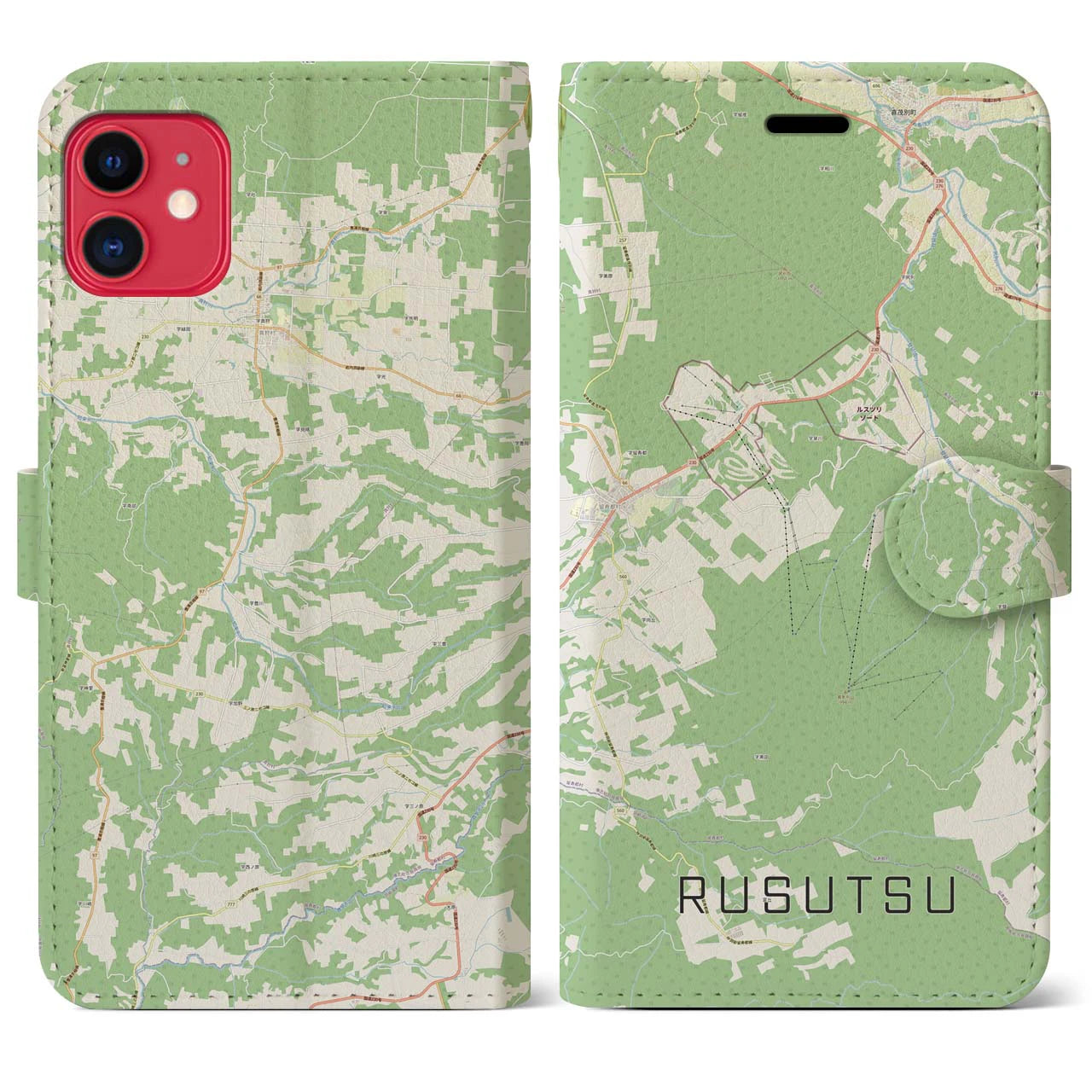 【留寿都(北海道)】地図柄iPhoneケース(手帳タイプ)ナチュラル・iPhone 11 用