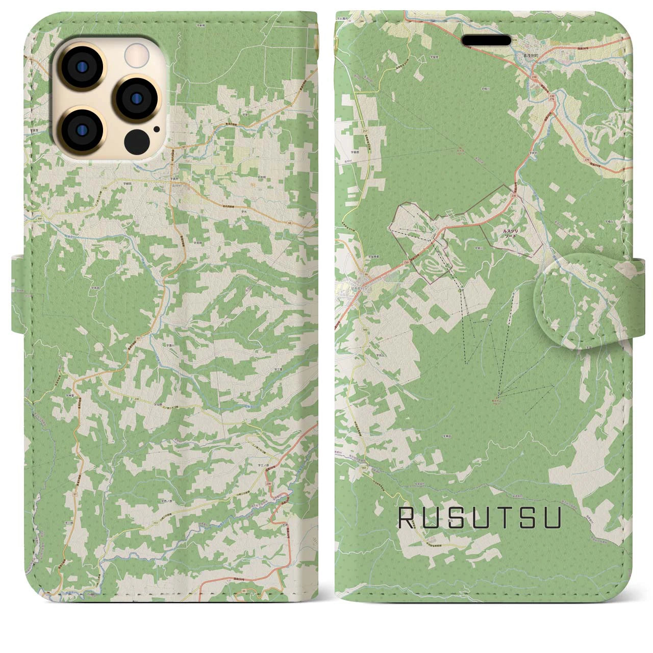【留寿都(北海道)】地図柄iPhoneケース(手帳タイプ)ナチュラル・iPhone 12 Pro Max 用