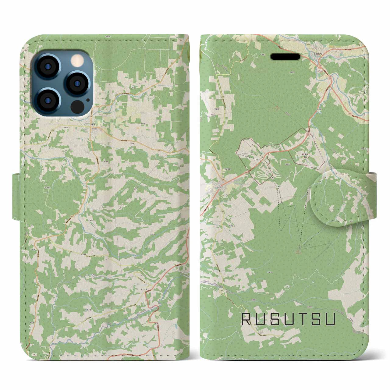【留寿都(北海道)】地図柄iPhoneケース(手帳タイプ)ナチュラル・iPhone 12 / 12 Pro 用