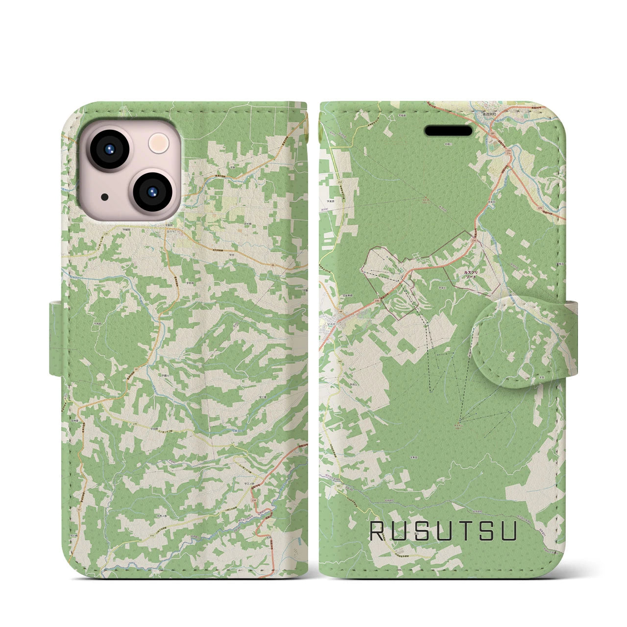 【留寿都(北海道)】地図柄iPhoneケース(手帳タイプ)ナチュラル・iPhone 13 mini 用