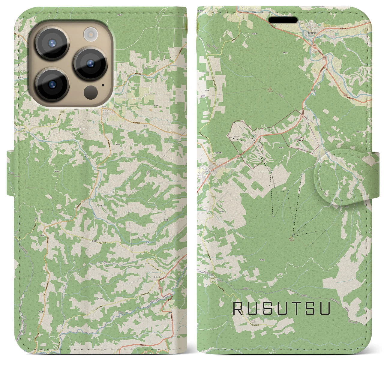 【留寿都(北海道)】地図柄iPhoneケース(手帳タイプ)ナチュラル・iPhone 14 Pro Max 用