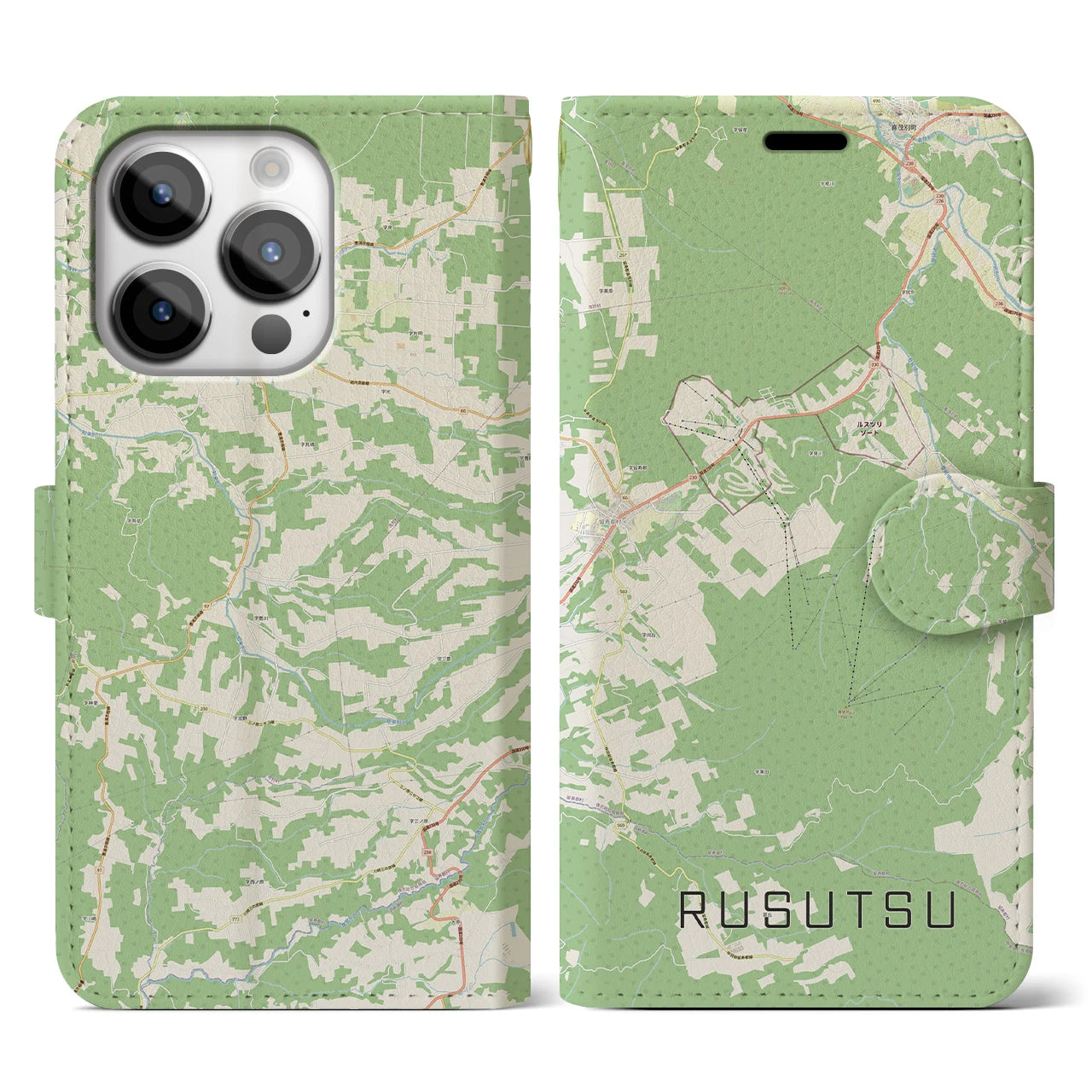 【留寿都(北海道)】地図柄iPhoneケース(手帳タイプ)ナチュラル・iPhone 14 Pro 用