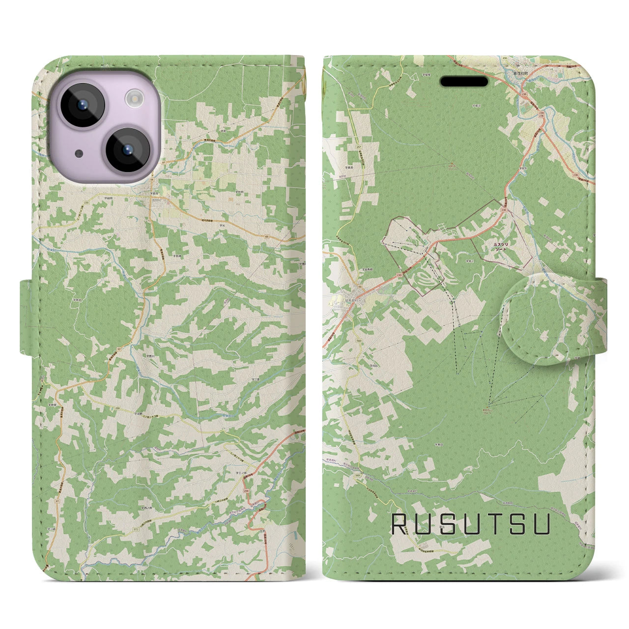 【留寿都(北海道)】地図柄iPhoneケース(手帳タイプ)ナチュラル・iPhone 14 用