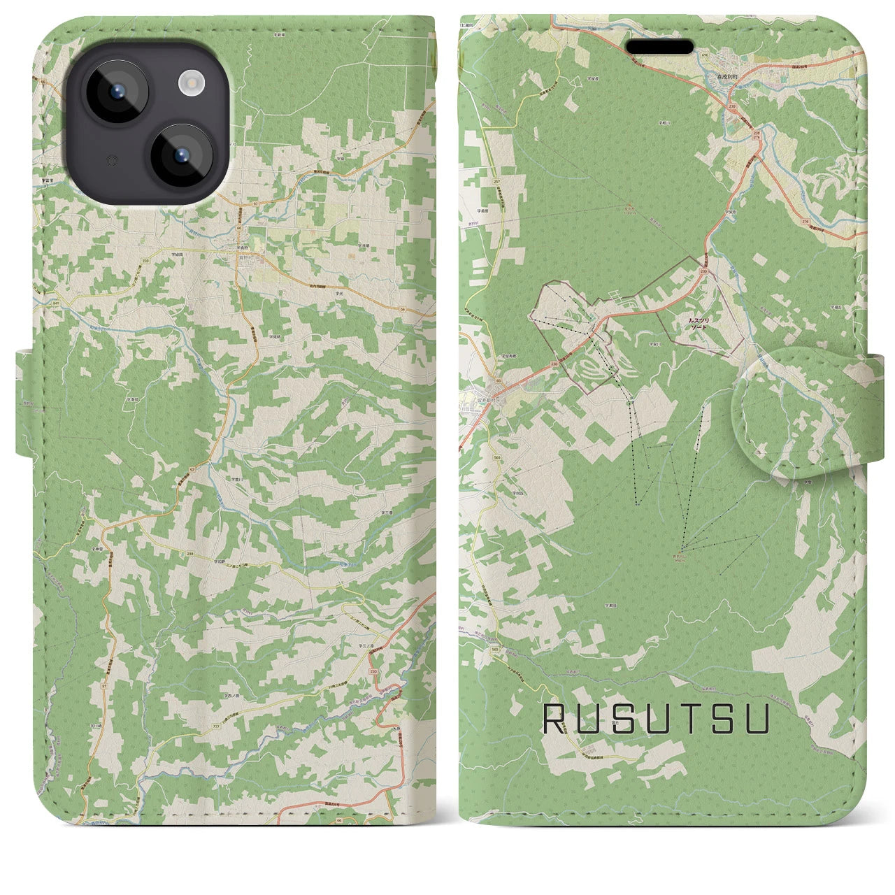 【留寿都(北海道)】地図柄iPhoneケース(手帳タイプ)ナチュラル・iPhone 14 Plus 用