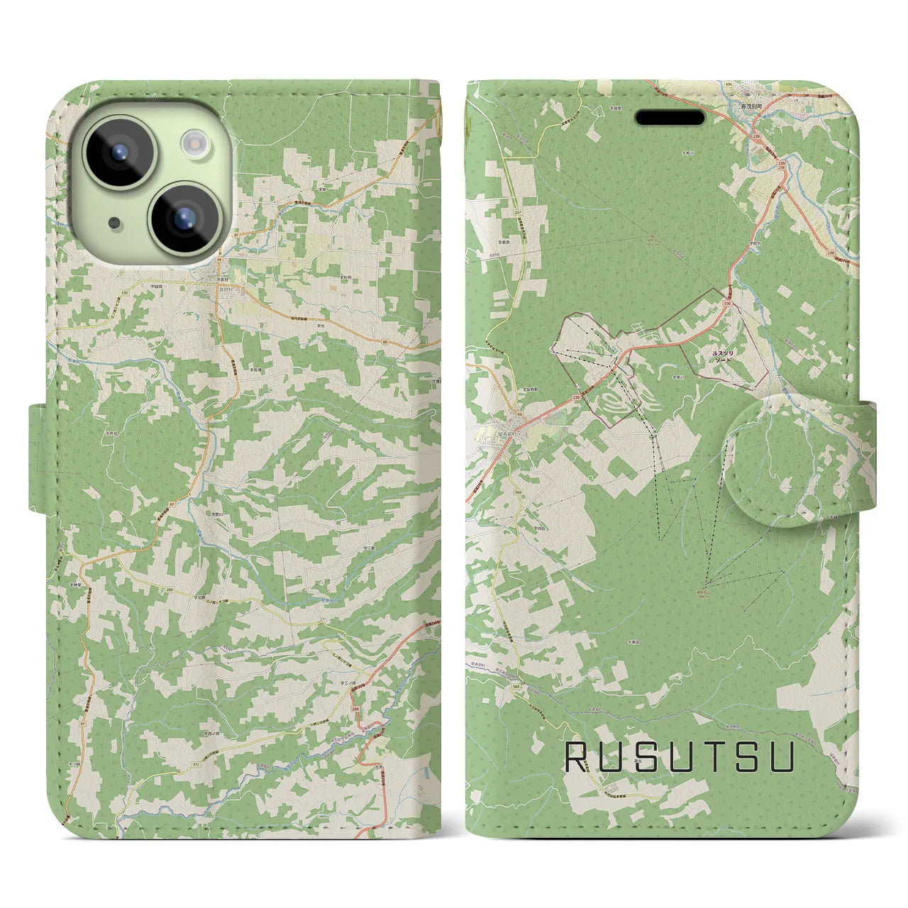 【留寿都(北海道)】地図柄iPhoneケース(手帳タイプ)ナチュラル・iPhone 15 用