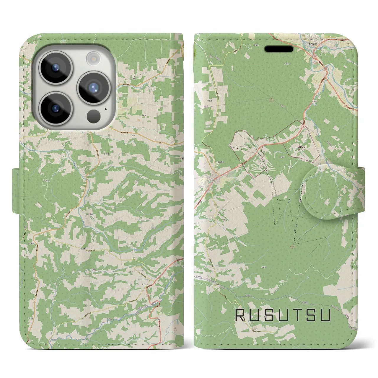 【留寿都(北海道)】地図柄iPhoneケース(手帳タイプ)ナチュラル・iPhone 15 Pro 用