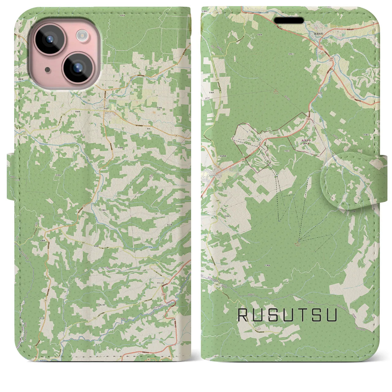 【留寿都(北海道)】地図柄iPhoneケース(手帳タイプ)ナチュラル・iPhone 15 Plus 用