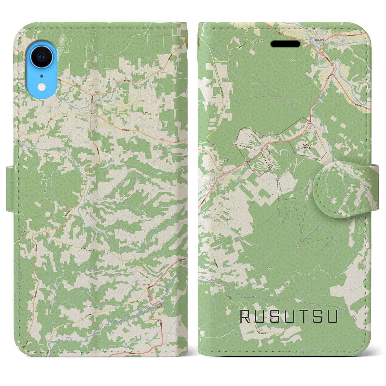 【留寿都(北海道)】地図柄iPhoneケース(手帳タイプ)ナチュラル・iPhone XR 用